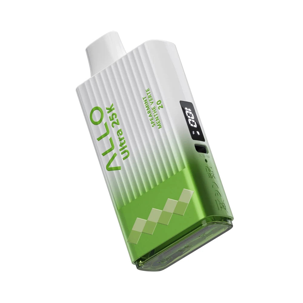 A white and green Allo Ultra 25K Spearmint disposable vape featuring a ribbed texture, a digital display screen, and a USB-C charging port.