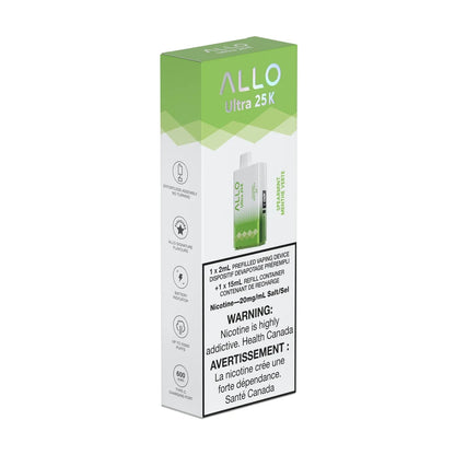 Packaging for the Allo Ultra 25K Spearmint disposable vape featuring a white and green box with product details and a health warning.