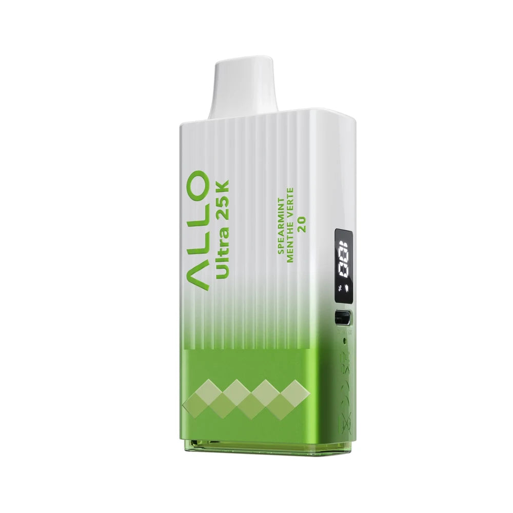 Allo Ultra 25K Spearmint disposable vape featuring a white and green gradient body with a digital display screen and text reading Spearmint Menthe Verte 20.