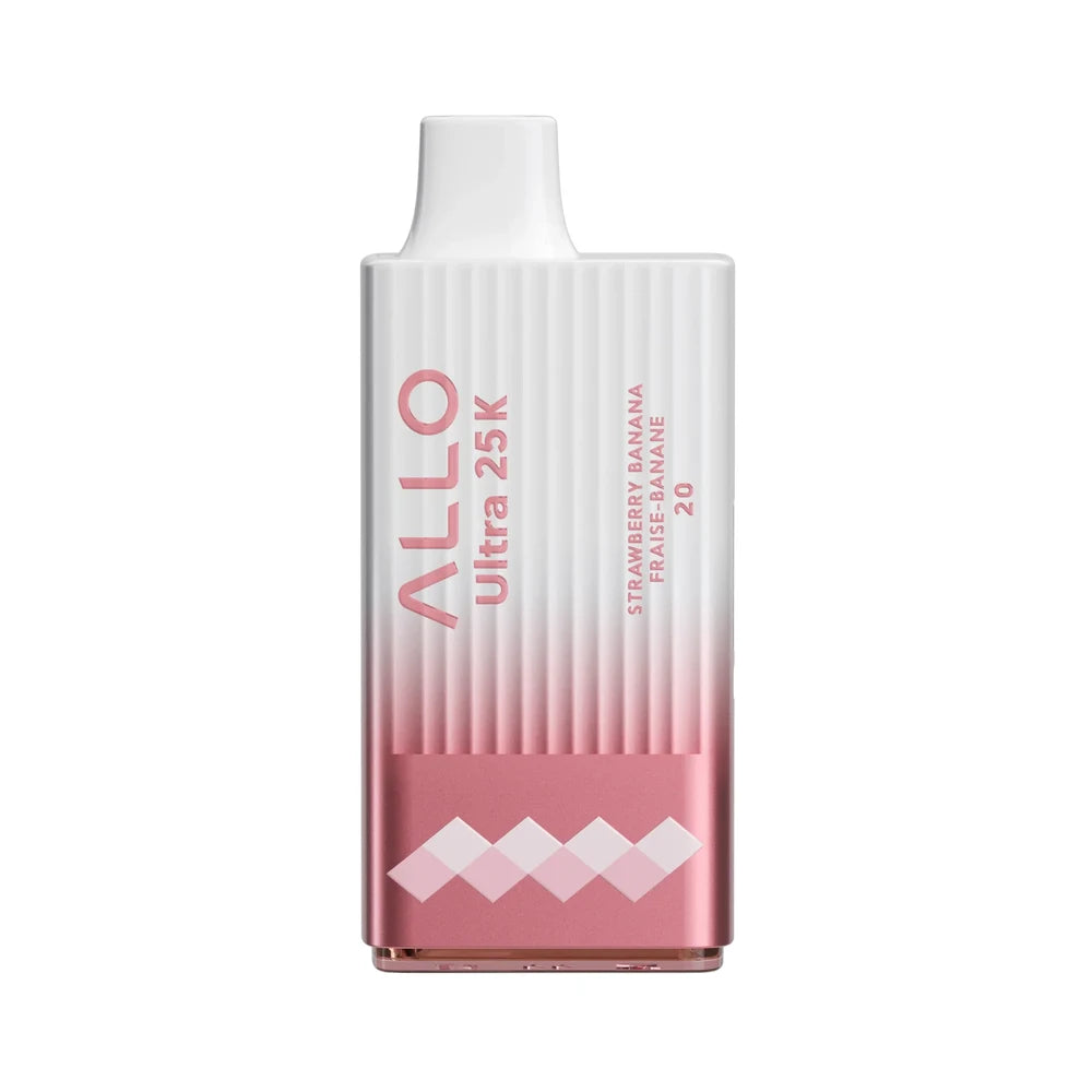 An ALLO Ultra 25K Strawberry Banana disposable vape featuring a white and pink gradient ribbed body with a metallic pink base and text reading ALLO Ultra 25K Strawberry Banana Fraise-Banane 20.