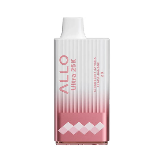 An ALLO Ultra 25K Strawberry Banana disposable vape featuring a white and pink gradient ribbed body with a metallic pink base and text reading ALLO Ultra 25K Strawberry Banana Fraise-Banane 20.