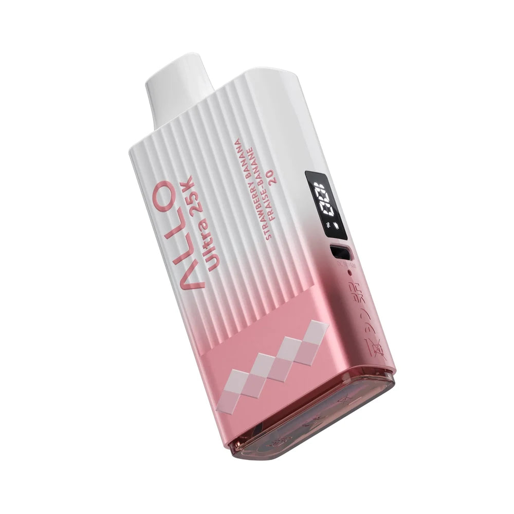 An ALLO Ultra 25K Strawberry Banana disposable vape featuring a white and pink gradient ribbed body with a digital display screen and a USB-C charging port.
