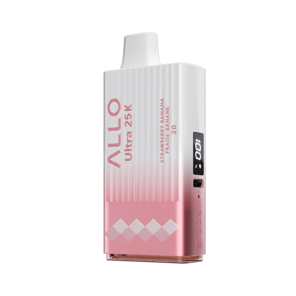 An Allo Ultra 25K Strawberry Banana disposable vape featuring a white and pink gradient body with a digital display screen and integrated charging port.