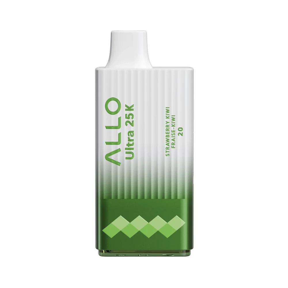 An Allo Ultra 25K Strawberry Kiwi disposable vape featuring a white and green gradient ribbed body with Strawberry Kiwi Fraise-Kiwi 20 text.