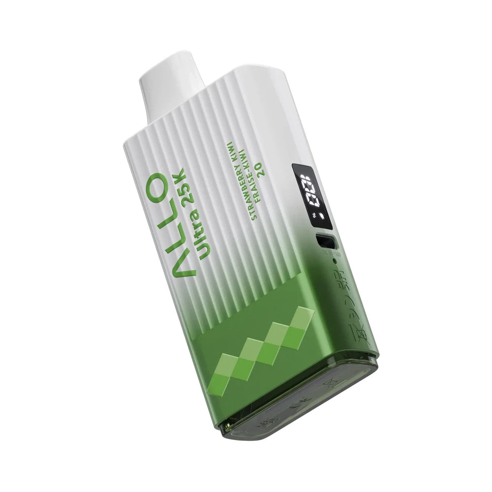 An angled view of an ALLO Ultra 25K Strawberry Kiwi disposable vape featuring a white and green textured body with a digital display screen showing battery and e-liquid levels.