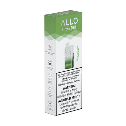 The ALLO Ultra 25K Strawberry Kiwi disposable vape packaging is shown in a white and green box featuring product specifications and a health warning label.