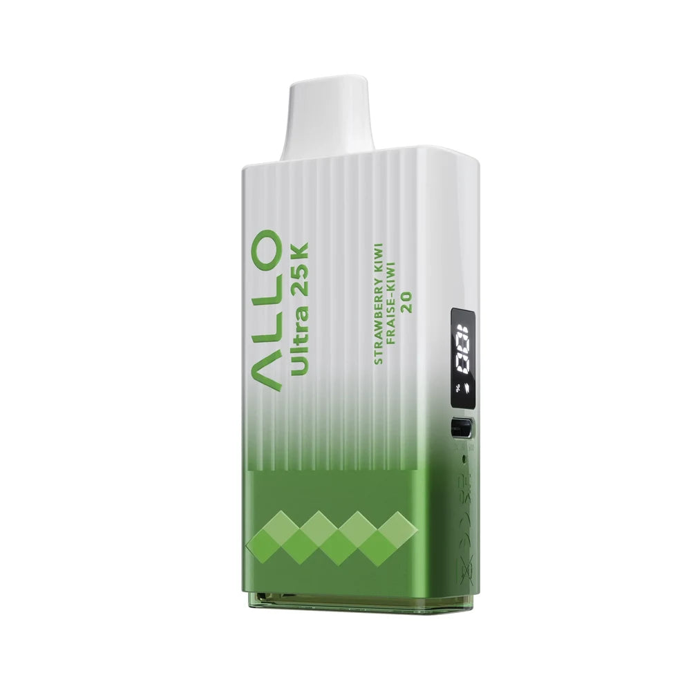 An Allo Ultra 25K Strawberry Kiwi disposable vape featuring a white and green gradient body with a digital display screen and a USB-C charging port.