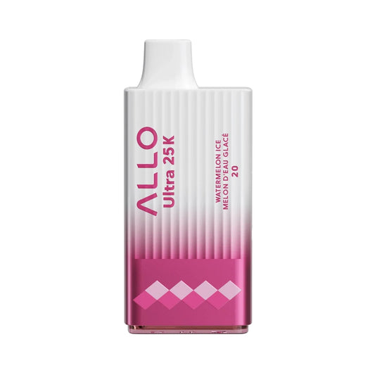 An ALLO Ultra 25K Watermelon Ice disposable vape featuring a white and pink gradient ribbed body with a white mouthpiece and text reading ALLO Ultra 25K Watermelon Ice Melon D'eau Glacé 20.