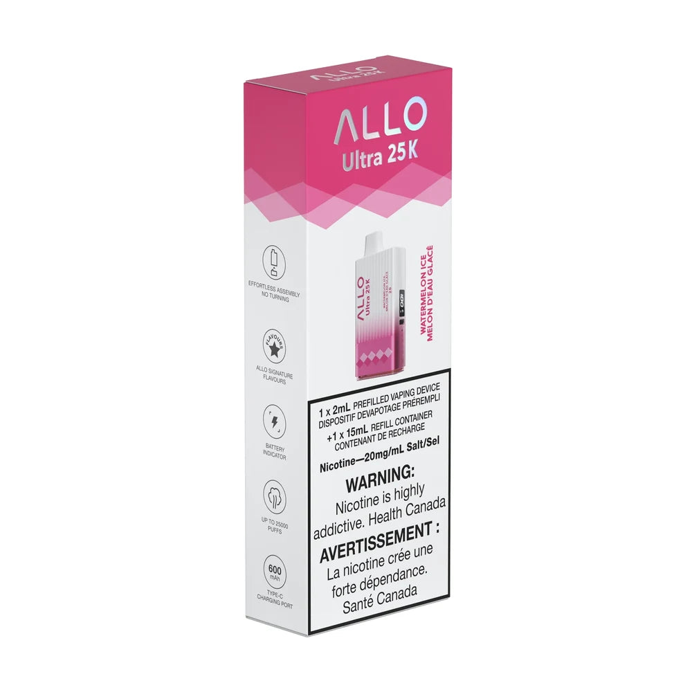 Packaging for the Allo Ultra 25K Watermelon Ice disposable vape featuring a white and pink box with product specifications and a health warning label.