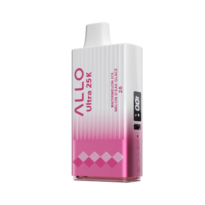 Allo Ultra 25K Watermelon Ice disposable vape featuring a white and pink gradient textured body with a digital display screen and a USB-C charging port.