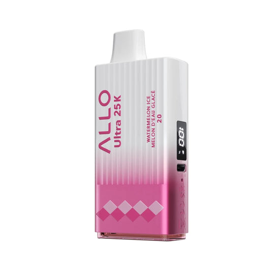 Allo Ultra 25K Watermelon Ice disposable vape featuring a white and pink gradient textured body with a digital display screen and a USB-C charging port.