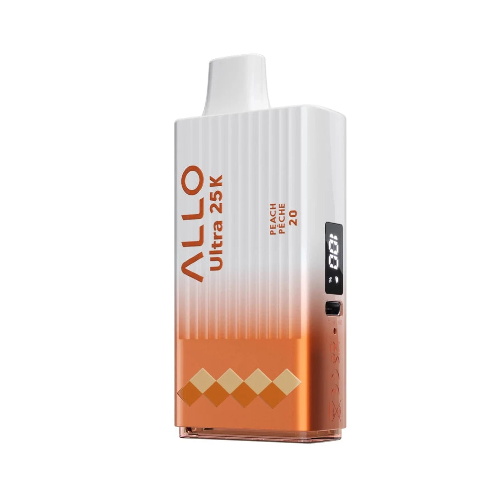 The ALLO Ultra 25K White Peach Razz disposable vape features a white