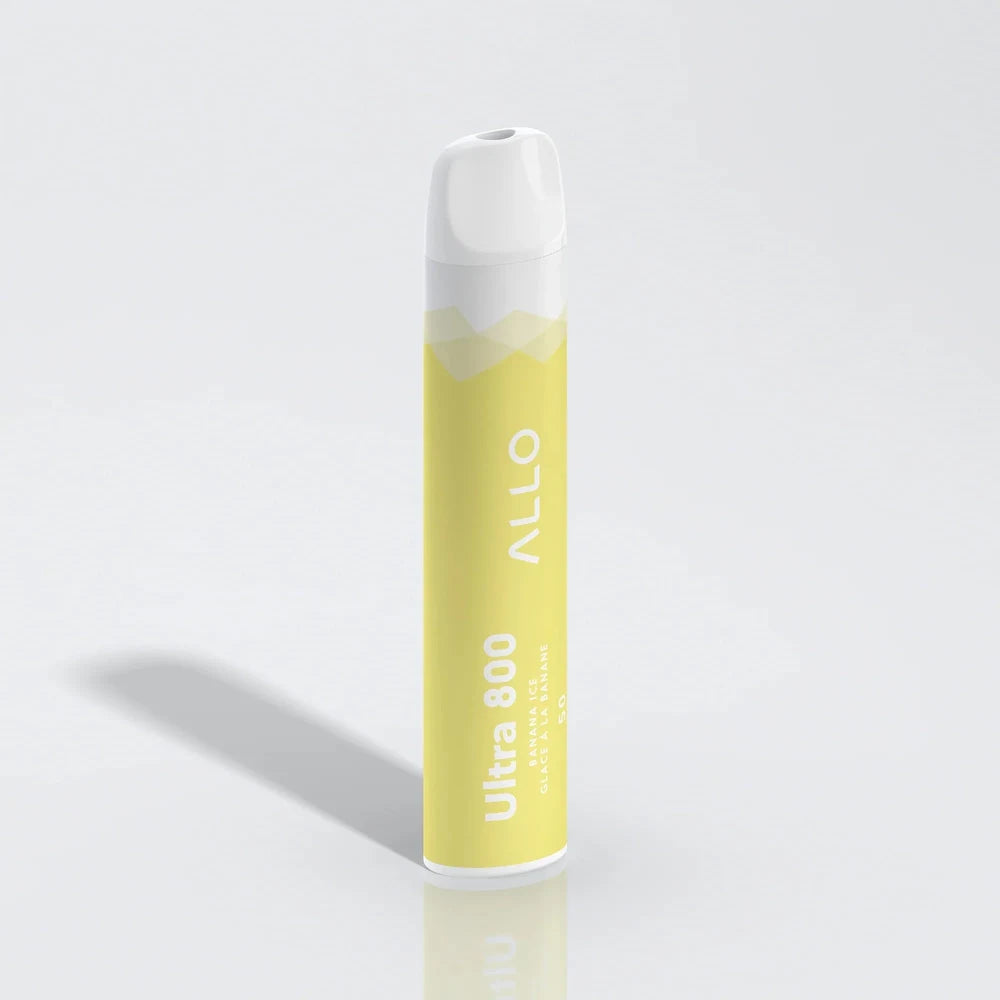An ALLO Ultra 800 Banana Ice disposable vape featuring a yellow body with white accents and text reading ALLO Ultra 800 Banana Ice Glace à la Banane.