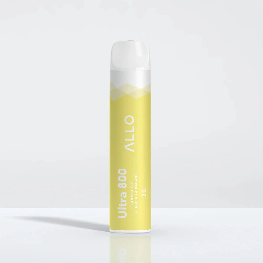 An Allo Ultra 800 Banana Ice disposable vape featuring a yellow and white cylindrical body with the text Allo, Ultra 800, Banana Ice, and Glace à la Banane.