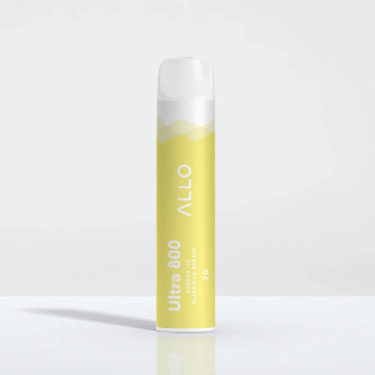 An Allo Ultra 800 Banana Ice disposable vape featuring a yellow and white cylindrical body with the text Allo, Ultra 800, Banana Ice, and Glace à la Banane.