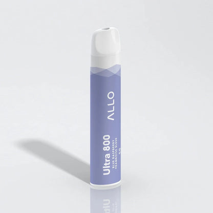 An Allo Ultra 800 Blue Raspberry disposable vape featuring a light purple cylindrical body with a white mouthpiece and text reading Ultra 800 Blue Raspberry Framboise Bleue.