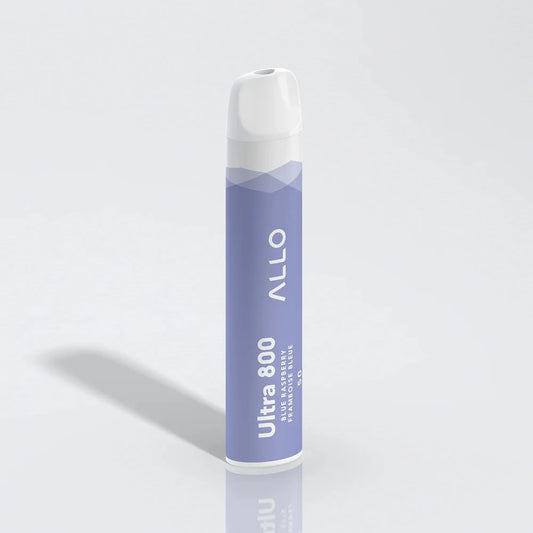 An Allo Ultra 800 Blue Raspberry disposable vape featuring a light purple cylindrical body with a white mouthpiece and text reading Ultra 800 Blue Raspberry Framboise Bleue.
