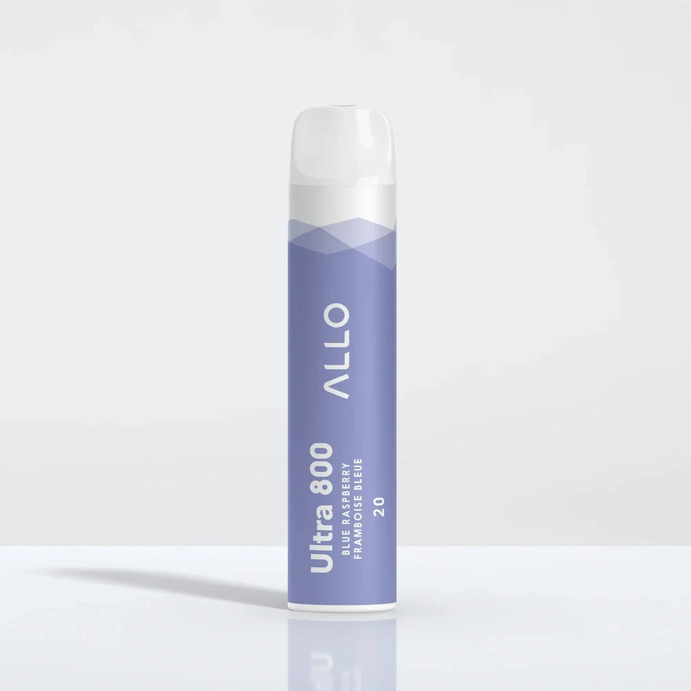 An Allo Ultra 800 Blue Raspberry disposable vape with a light purple body and white mouthpiece, featuring the text Allo Ultra 800 Blue Raspberry Framboise Bleue 20.