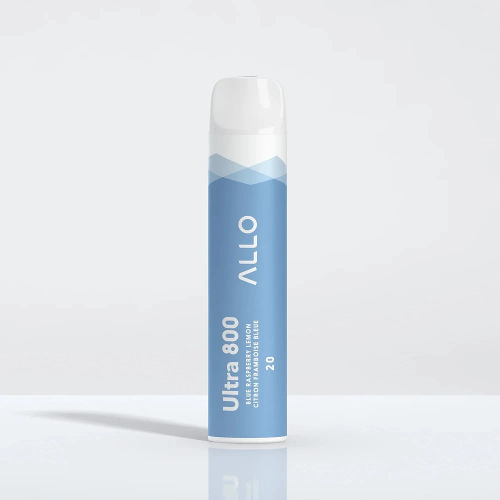 An Allo Ultra 800 Blue Raspberry Lemon disposable vape featuring a light blue cylindrical body with white text and a clear mouthpiece, set against a plain white background.