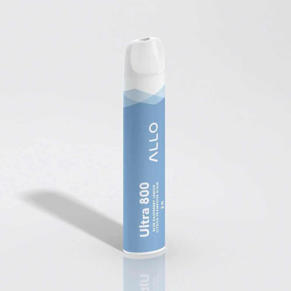 Allo Ultra 800 Blue Raspberry Lemon disposable vape featuring a light blue cylindrical body with a white mouthpiece and text reading Ultra 800, Blue Raspberry Lemon, and Allo.