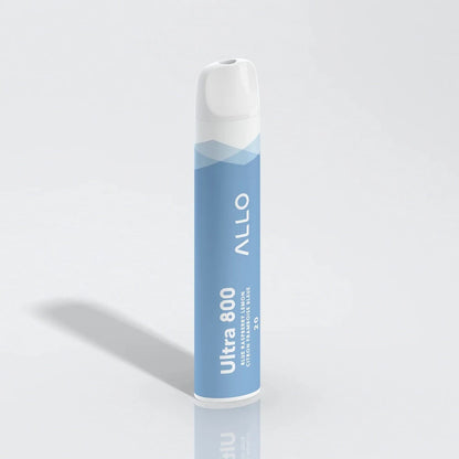 Allo Ultra 800 Blue Raspberry Lemon disposable vape featuring a light blue cylindrical body with a white mouthpiece and text reading Ultra 800, Blue Raspberry Lemon, and Allo.