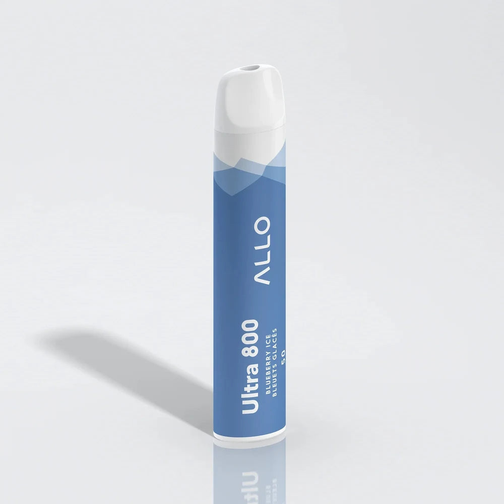 An Allo Ultra 800 Blueberry Ice disposable vape with a blue body and white mouthpiece featuring the text ALLO Ultra 800 Blueberry Ice Bleuets Glacés.