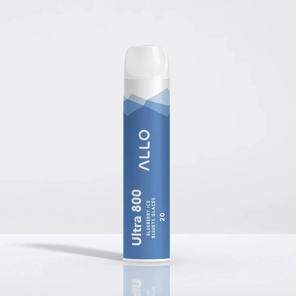 Allo Ultra 800 Blueberry Ice disposable vape featuring a blue cylindrical body with white text and a clear mouthpiece, standing upright against a plain white background.