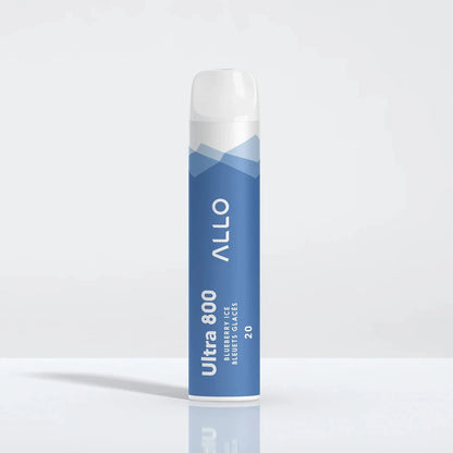 Allo Ultra 800 Blueberry Ice disposable vape featuring a blue cylindrical body with white text and a clear mouthpiece, standing upright against a plain white background.