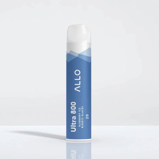 Allo Ultra 800 Blueberry Ice disposable vape featuring a blue cylindrical body with white text and a clear mouthpiece, standing upright against a plain white background.