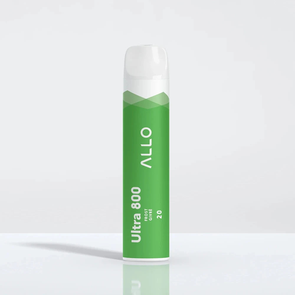 A green Allo Ultra 800 Frost disposable vape with a white mouthpiece stands upright on a reflective white surface, featuring printed text for Allo, Ultra 800, Frost Givré, and 20.