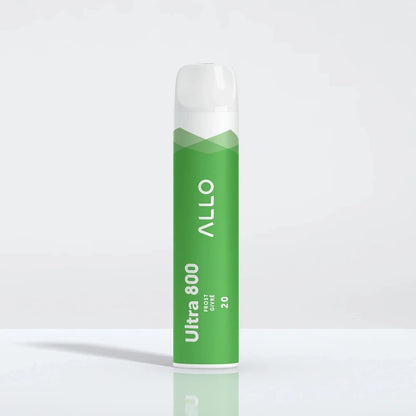 A green Allo Ultra 800 Frost disposable vape with a white mouthpiece stands upright on a reflective white surface, featuring printed text for Allo, Ultra 800, Frost Givré, and 20.