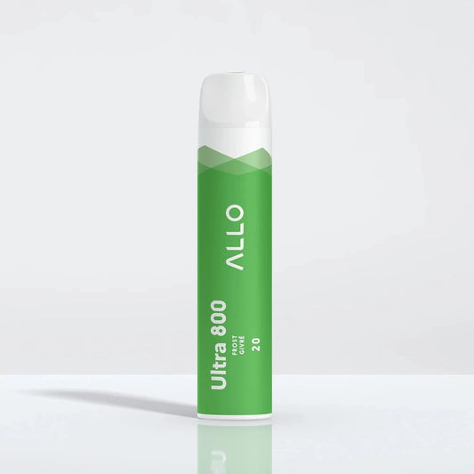 A green Allo Ultra 800 Frost disposable vape with a white mouthpiece stands upright on a reflective white surface, featuring printed text for Allo, Ultra 800, Frost Givré, and 20.