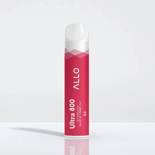 An Allo Ultra 800 Fuji Apple Ice disposable vape featuring a red cylindrical body with white text and a clear mouthpiece, standing upright on a reflective white surface.