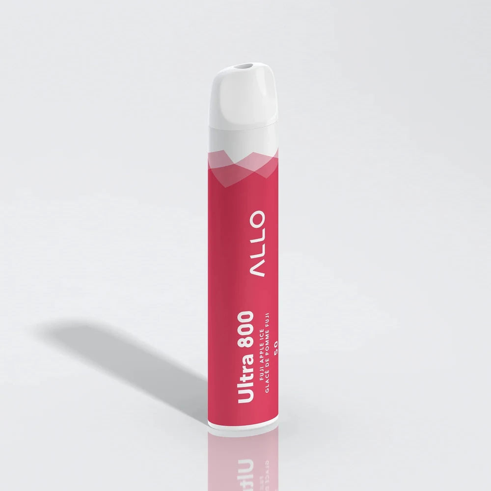 Allo Ultra 800 Fuji Apple Ice disposable vape featuring a red cylindrical body with white text and a white mouthpiece, shown against a plain light grey background.