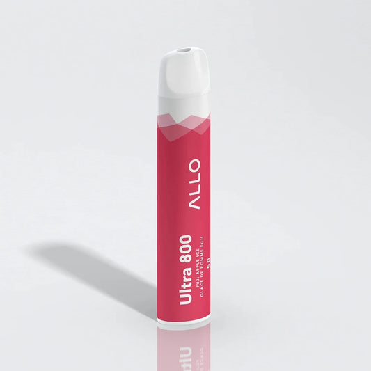Allo Ultra 800 Fuji Apple Ice disposable vape featuring a red cylindrical body with white text and a white mouthpiece, shown against a plain light grey background.