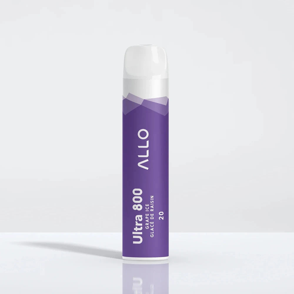 An Allo Ultra 800 Grape Ice disposable vape featuring a purple cylindrical body with a clear mouthpiece, labeled with Allo Ultra 800 Grape Ice Glacé De Raisin 20 text, standing on a reflective white surface.