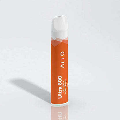 An Allo Ultra 800 Grapefruit disposable vape featuring an orange body with white text and a white mouthpiece, standing upright against a plain grey background.