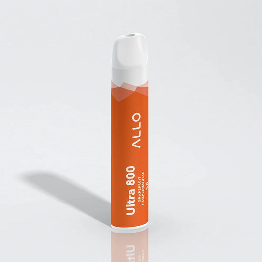 An Allo Ultra 800 Grapefruit disposable vape featuring an orange body with white text and a white mouthpiece, standing upright against a plain grey background.