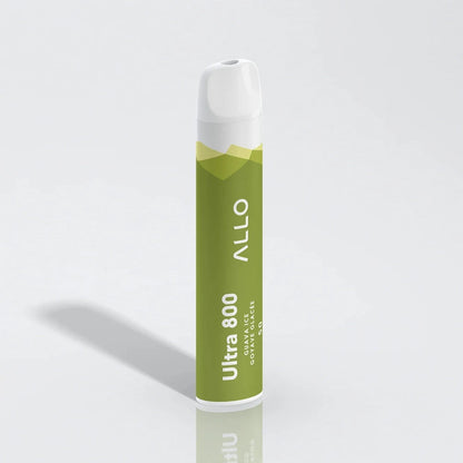 An Allo Ultra 800 Guava Ice disposable vape featuring a green cylindrical body with a white mouthpiece, labeled with Allo Ultra 800 Guava Ice Goyave Glacée text against a plain white background.