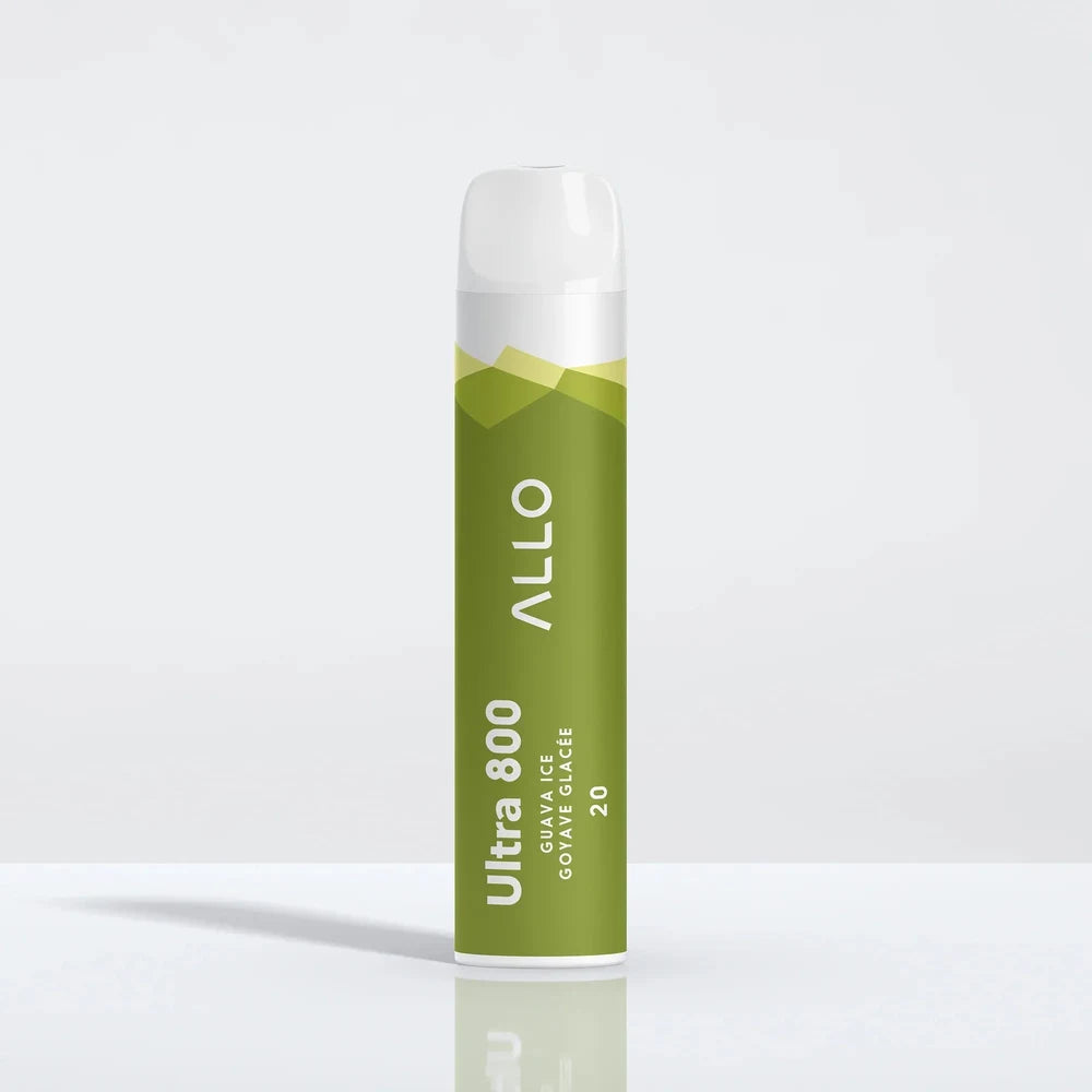 An Allo Ultra 800 Guava Ice disposable vape featuring a green cylindrical body with a white mouthpiece and text reading Ultra 800, Guava Ice, and Goyave Glacée.