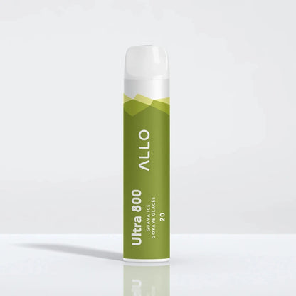 An Allo Ultra 800 Guava Ice disposable vape featuring a green cylindrical body with a white mouthpiece and text reading Ultra 800, Guava Ice, and Goyave Glacée.