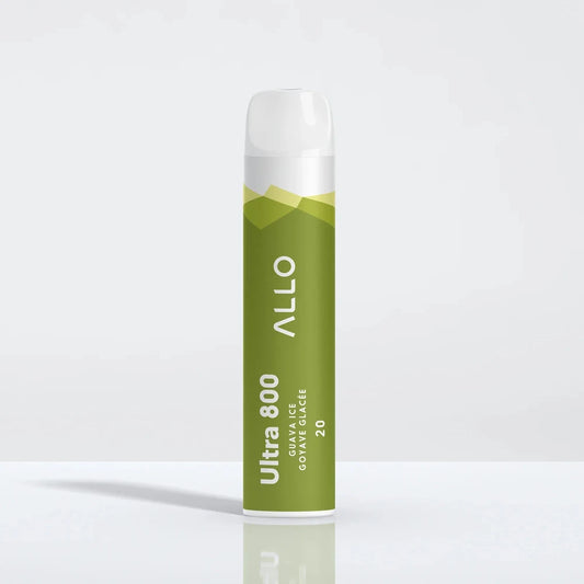 An Allo Ultra 800 Guava Ice disposable vape featuring a green cylindrical body with a white mouthpiece and text reading Ultra 800, Guava Ice, and Goyave Glacée.