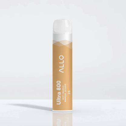 An Allo Ultra 800 Juicy Mango disposable vape featuring a yellow and white cylindrical body with a clear mouthpiece, standing upright on a reflective white surface.