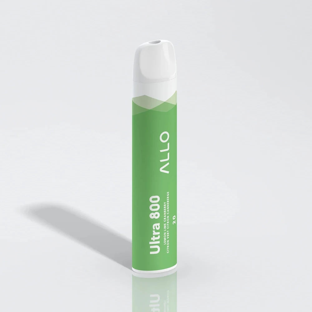 An Allo Ultra 800 Lemon Lime Cranberry disposable vape featuring a green cylindrical body with a white mouthpiece and text reading Ultra 800, Allo, and Lemon Lime Cranberry.