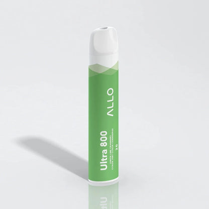 An Allo Ultra 800 Lemon Lime Cranberry disposable vape featuring a green cylindrical body with a white mouthpiece and text reading Ultra 800, Allo, and Lemon Lime Cranberry.