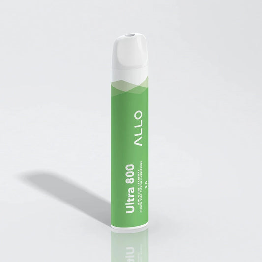 An Allo Ultra 800 Lemon Lime Cranberry disposable vape featuring a green cylindrical body with a white mouthpiece and text reading Ultra 800, Allo, and Lemon Lime Cranberry.