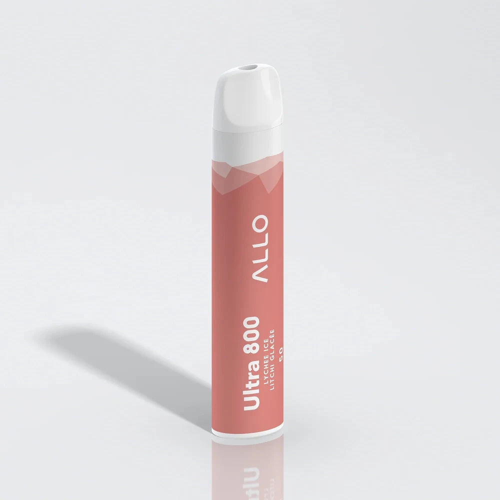 Allo Ultra 800 Lychee Ice disposable vape featuring a pink cylindrical body with a white mouthpiece and text reading Allo Ultra 800 Lychee Ice Litchi Glacée.