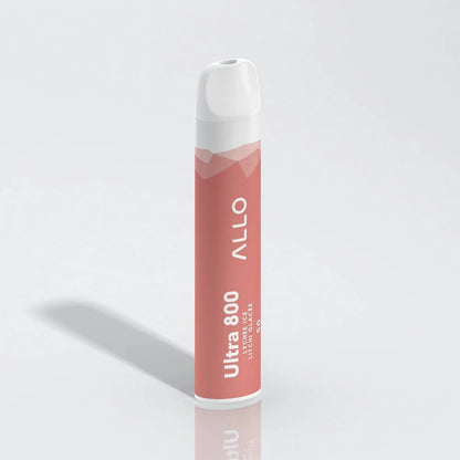 Allo Ultra 800 Lychee Ice disposable vape featuring a pink cylindrical body with a white mouthpiece and text reading Allo Ultra 800 Lychee Ice Litchi Glacée.