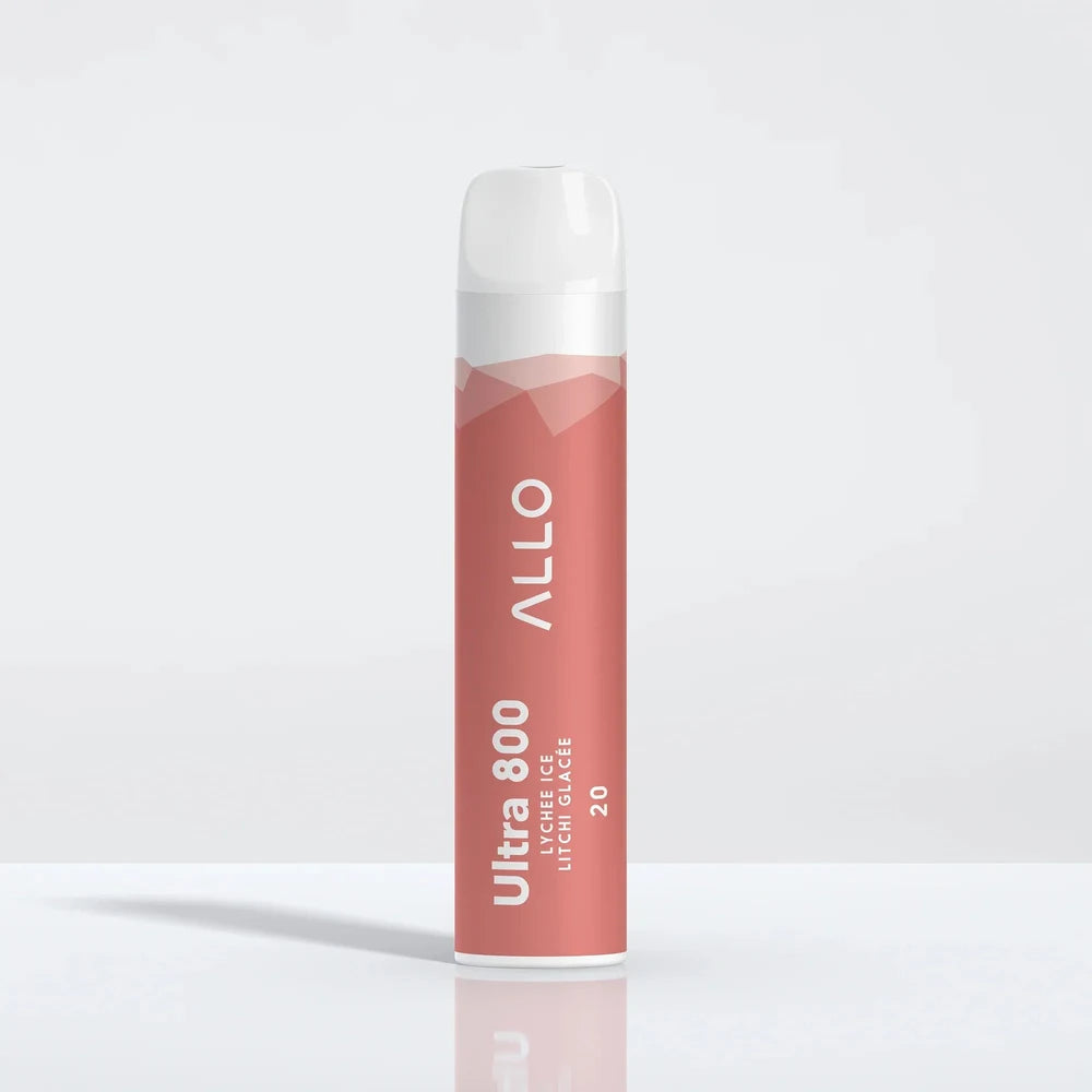 An Allo Ultra 800 Lychee Ice disposable vape with a pink cylindrical body and white mouthpiece, featuring the text Allo Ultra 800 Lychee Ice Litchi Glacée 20 against a plain white background.