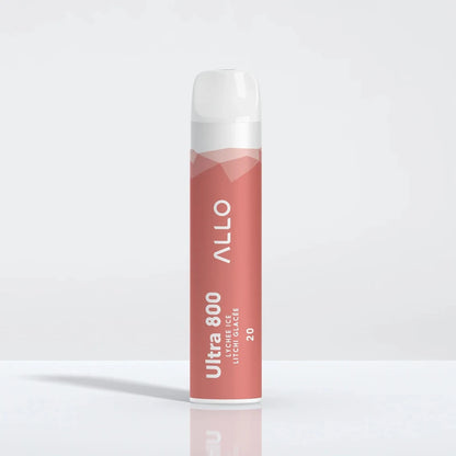 An Allo Ultra 800 Lychee Ice disposable vape with a pink cylindrical body and white mouthpiece, featuring the text Allo Ultra 800 Lychee Ice Litchi Glacée 20 against a plain white background.